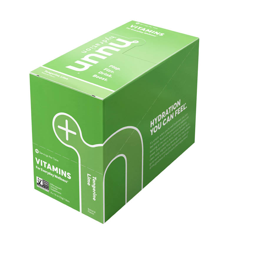 Nuun vitamins drink mix box with blueberry and pomegranate flavor, containing 8 packets for 12 servings each.