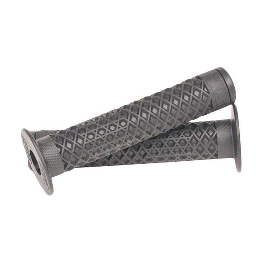 Pair of black ODI Cult X Vans grips with flanges, featuring textured surface and ergonomic design for bike handlebars.