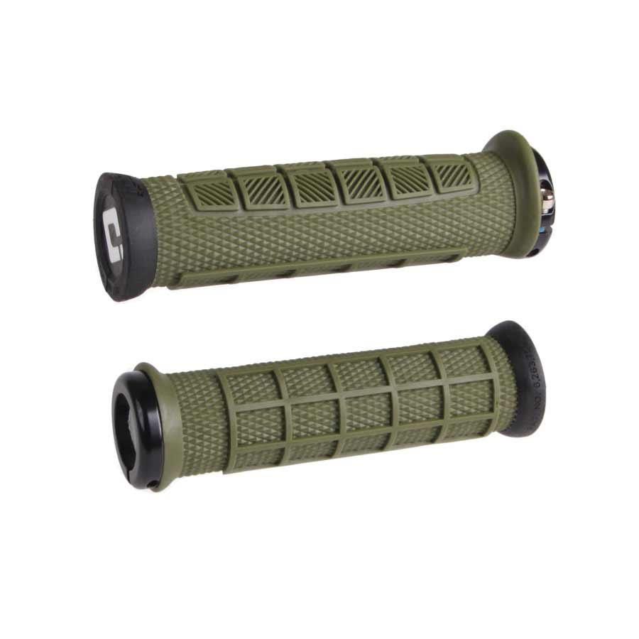 Pair of black ODI Elite Pro grips for bikes, showing textured rubber surface and ergonomic design for enhanced grip and comfort.