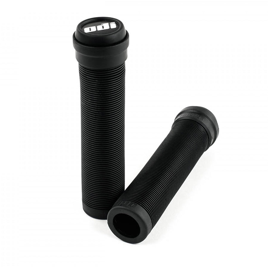 ODI Flangeless Soft Longneck grips in black, 135mm, comfortable rubber handlebar grips for bikes.