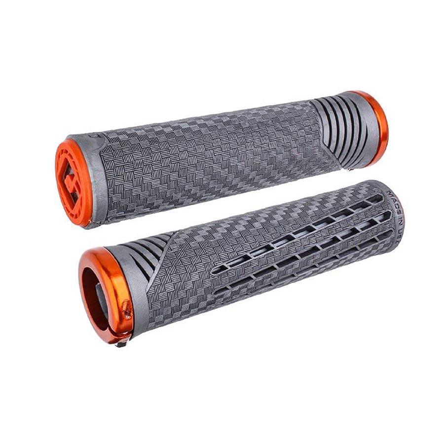 Pair of ODI CF Grip v2.1 handles in pearl black and gray, designed for enhanced grip and comfort on bikes.