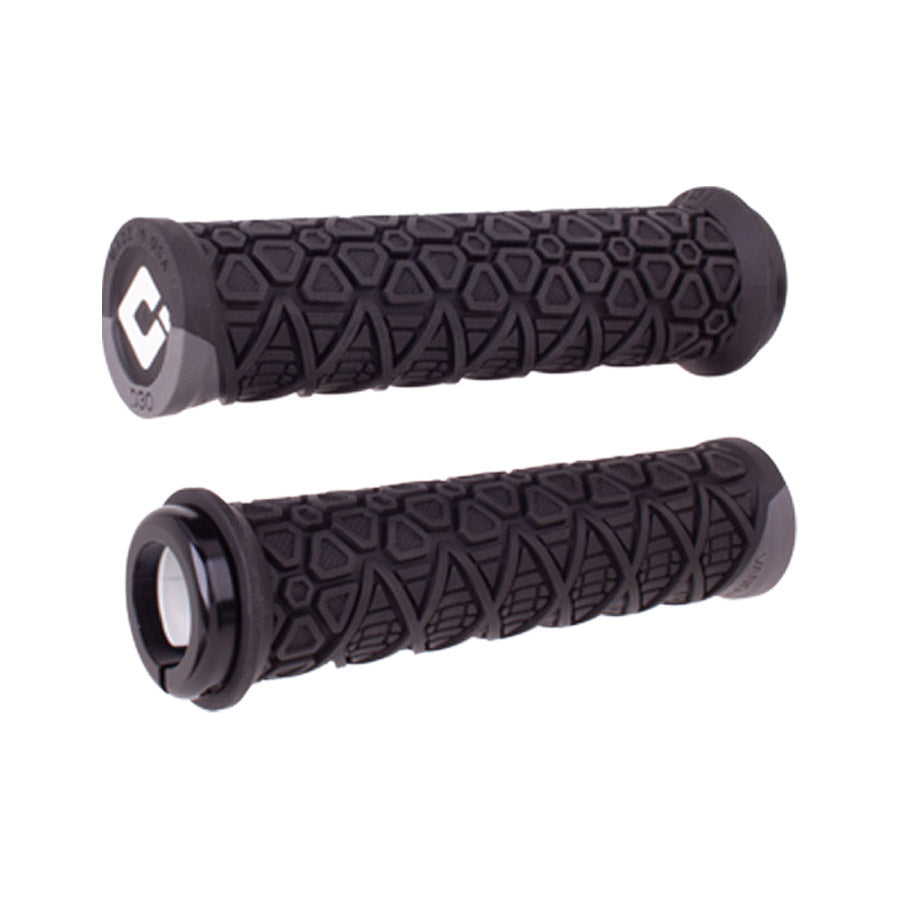 Pair of black ODI Vanquish v2.1 grips, bike handlebar grips designed for comfort and control.