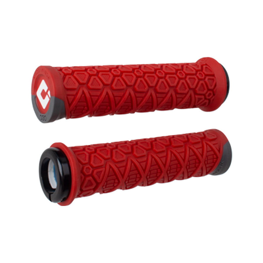 Pair of black ODI Vanquish v2.1 grips for bikes, featuring textured rubber surface and ergonomic design for comfortable handling