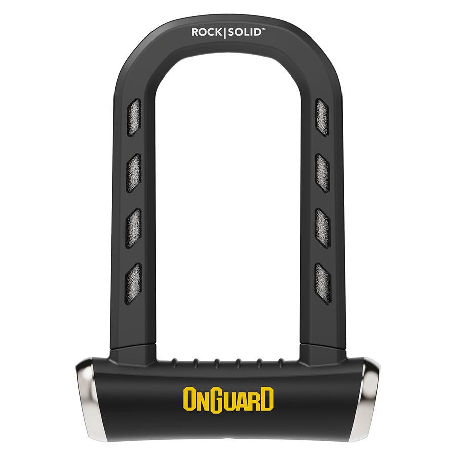 OnGuard RockSolid U-Lock in black with 14mm thick shackle and key, 90x175mm size, designed for bike security.