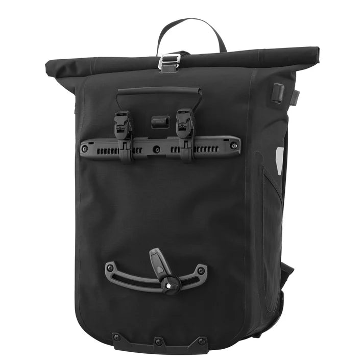 Ortlieb Urban Vario PS QL3.1 26L panniers attached to bike rack, waterproof cycling panniers by Ortlieb for urban commuting.
