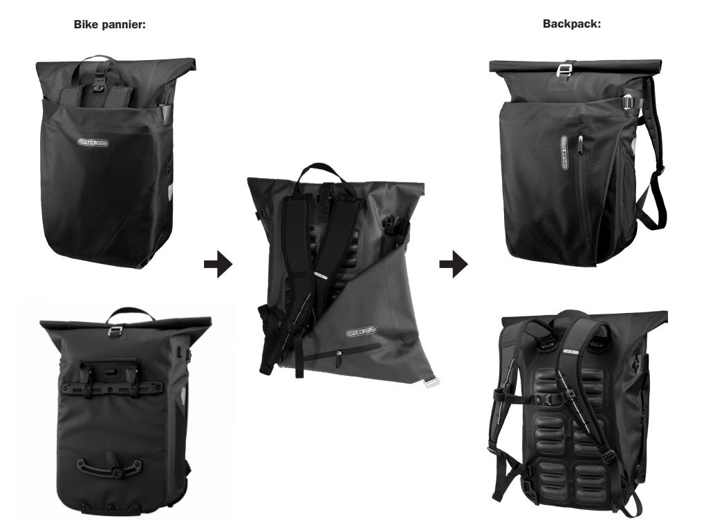 Ortlieb Urban Vario PS QL3.1 26L panniers mounted on bike rack, waterproof bike storage bags by Ortlieb.