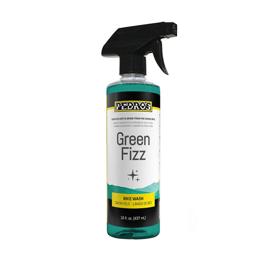Pedros Green Fizz bike cleaner and polish in 16oz (470ml) bottle, featuring vibrant green liquid for bike cleaning and polishing.