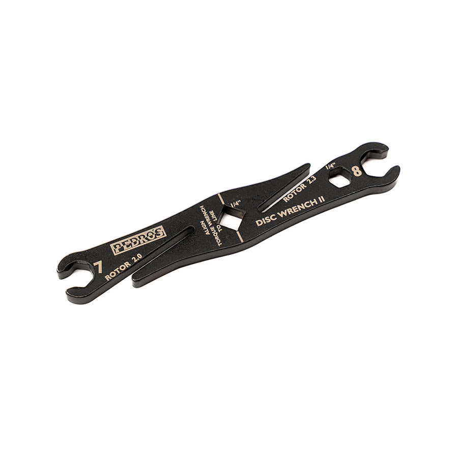 Pedros Disc Wrench II brake tools with 7/8mm flare wrenches and rotor truing slots for bike maintenance and disc brake adjustments.