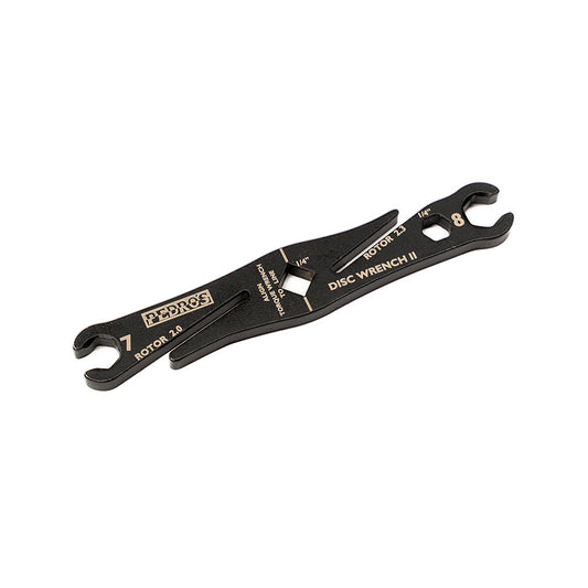 Pedros Disc Wrench II brake tools with 7/8mm flare wrenches and rotor truing slots for bike maintenance and disc brake adjustments.