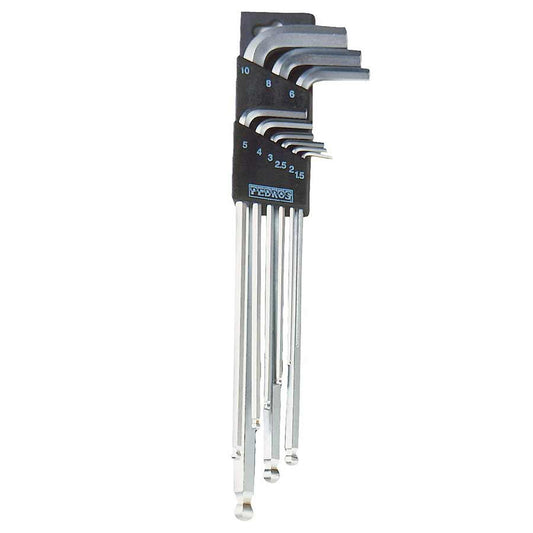 Set of 9 Pedros L-shaped hex wrenches for general shop tools, displayed in various sizes on a white background.