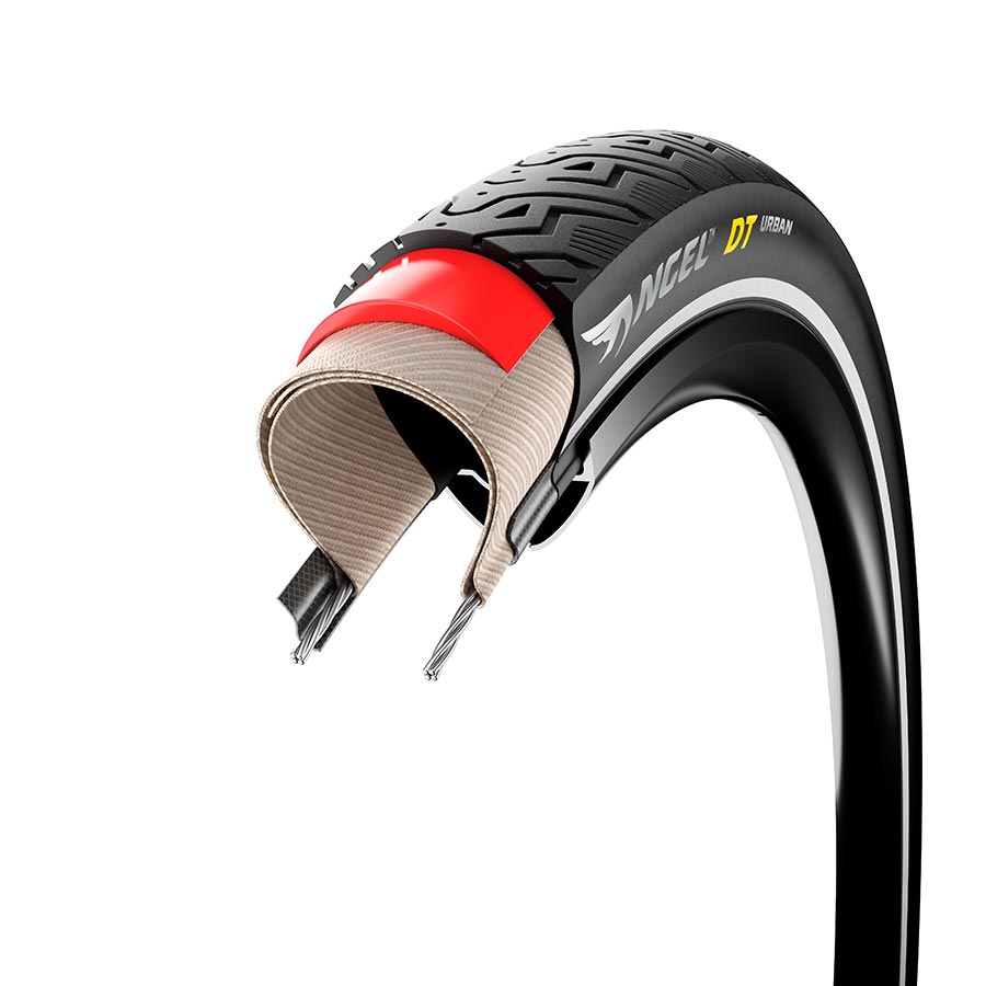 Black Pirelli Angel DT Urban hybrid tires in 700x28c size with tread pattern designed for urban cycling.