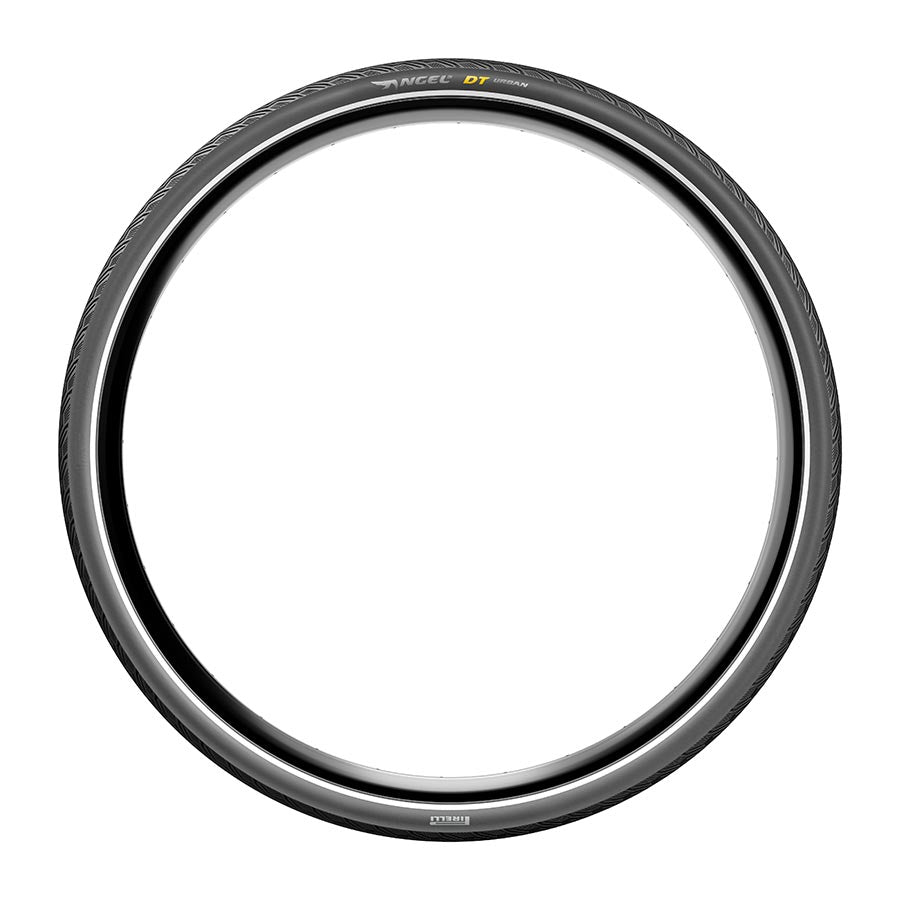Pirelli Angel DT Urban hybrid tire in black, 700x28c, designed for urban cycling with durable rubber and sleek tread pattern.