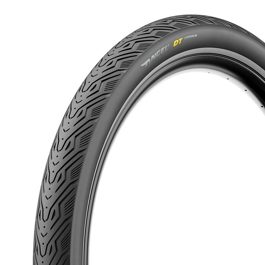 Black Pirelli Angel DT Urban hybrid tires, 700x28c size, designed for urban cycling and versatile riding conditions.