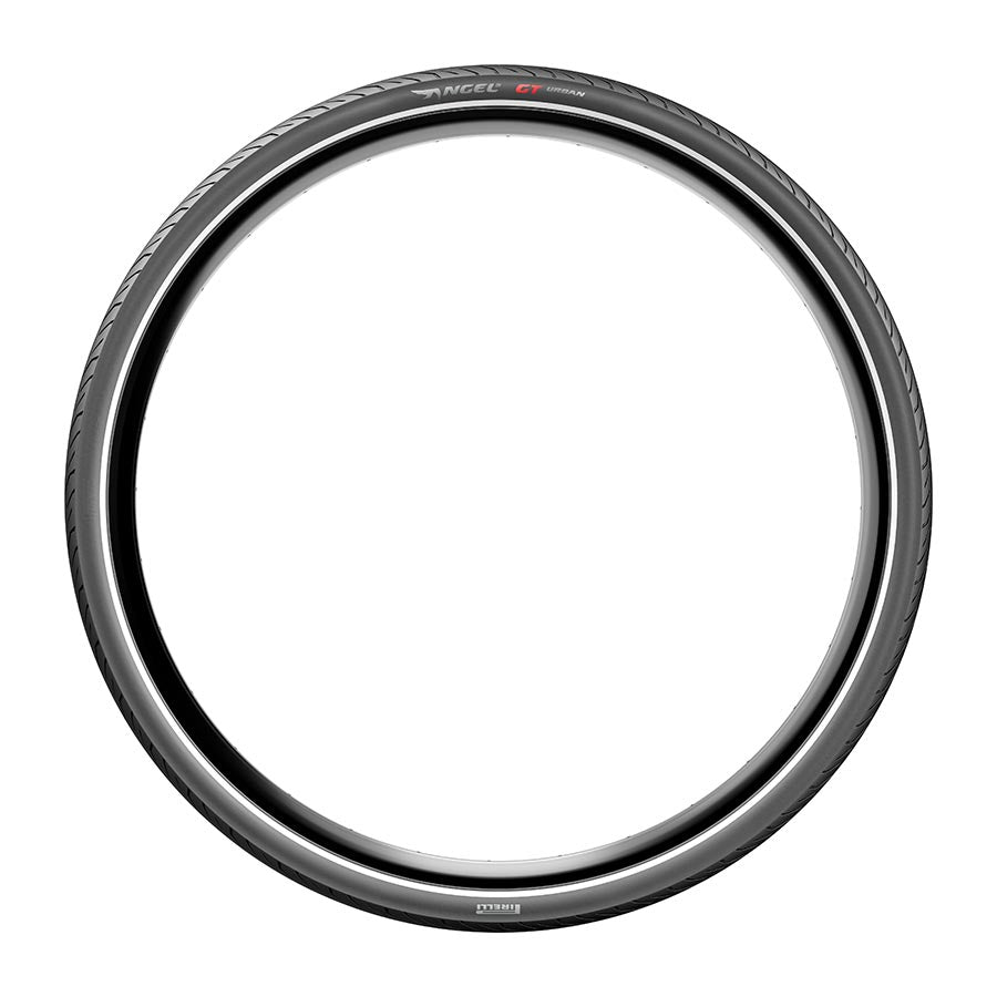 Black Pirelli Angel GT Urban hybrid tires with 700x37c size and tread pattern for versatile urban riding.