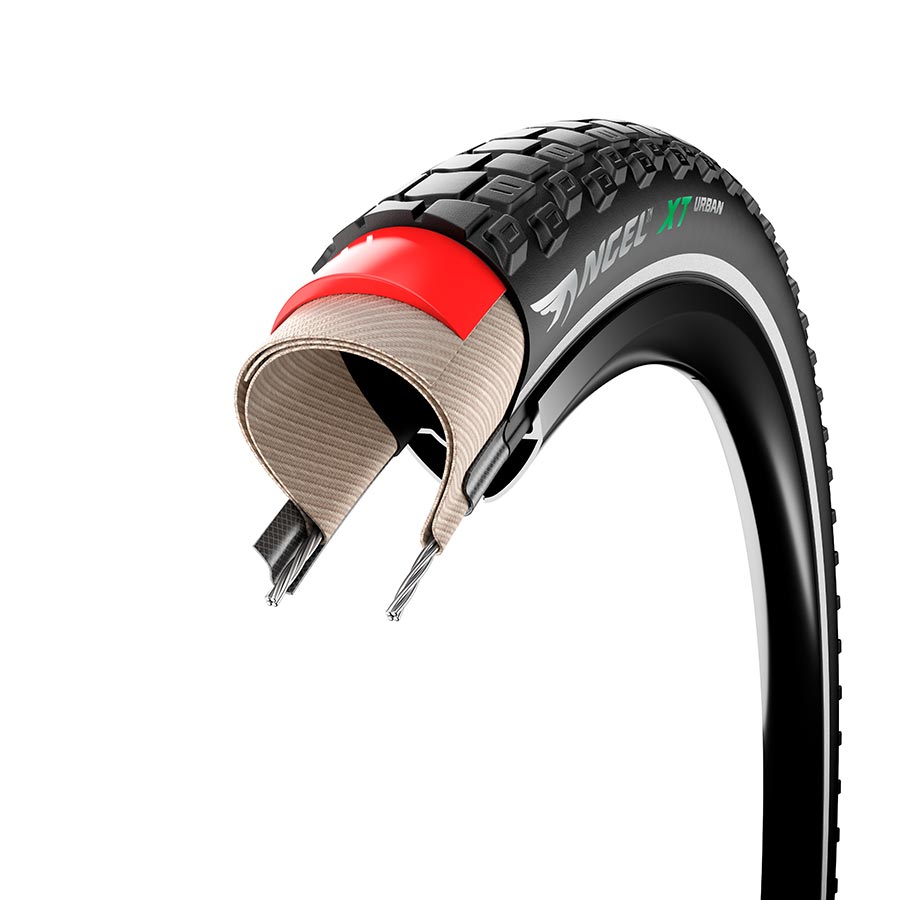 Black Pirelli Angel XT Urban hybrid tire 700x32c with tread pattern, designed for versatile city riding.