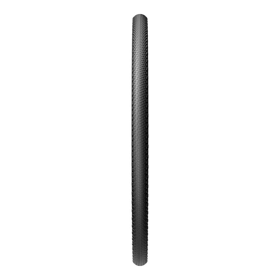 Pirelli Cinturato Gravel H tire mounted on a bike wheel, 700x35c size, tubeless-ready gravel tire with black sidewalls.