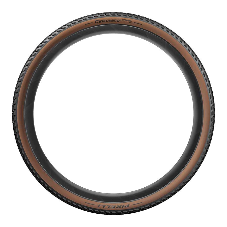 Pirelli Cinturato Gravel M tire, 700x35c, tubeless-ready gravel tire with SpeedGrip compound in black, folded for transportation.