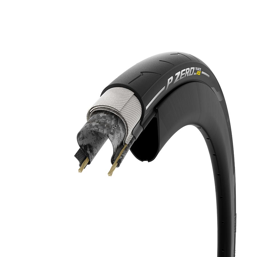 Pirelli P Zero Race RS TLR road tire with 700x26c size, tubeless-ready, black folding design for high-performance cycling.