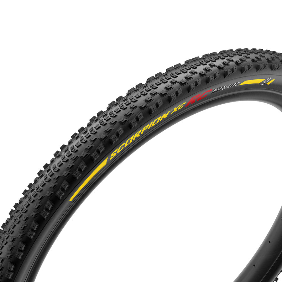 Pirelli Scorpion Race XC RC mountain tires with black rubber and lightweight 120 TPI casing for off-road biking.