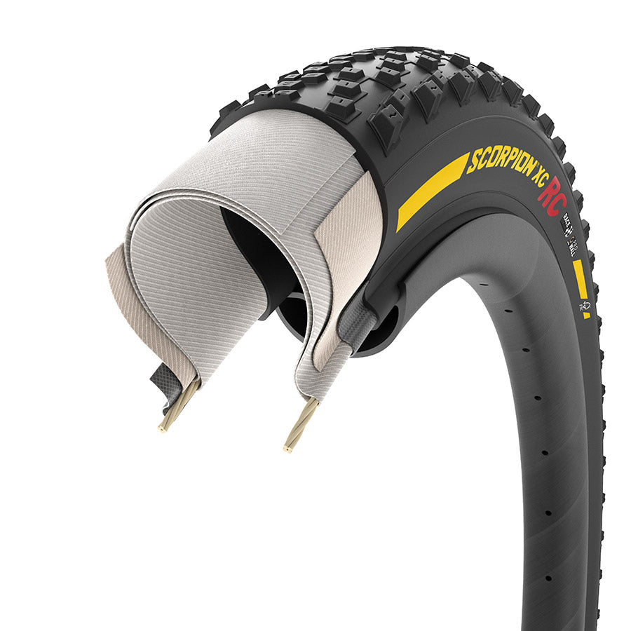 Pirelli Scorpion Race XC RC mountain tires with lightweight 120 TPI black rubber, designed for off-road cycling performance.