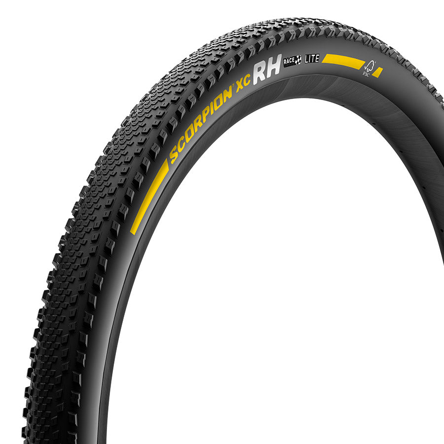 Pirelli Scorpion Race XC RH mountain tire with black tread and lightweight 120 TPI construction for off-road cycling.