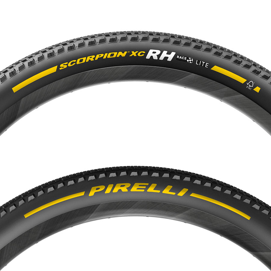 Pirelli Scorpion Race XC RH mountain tire with black tread, lightweight 120 TPI casing, designed for cross-country cycling.