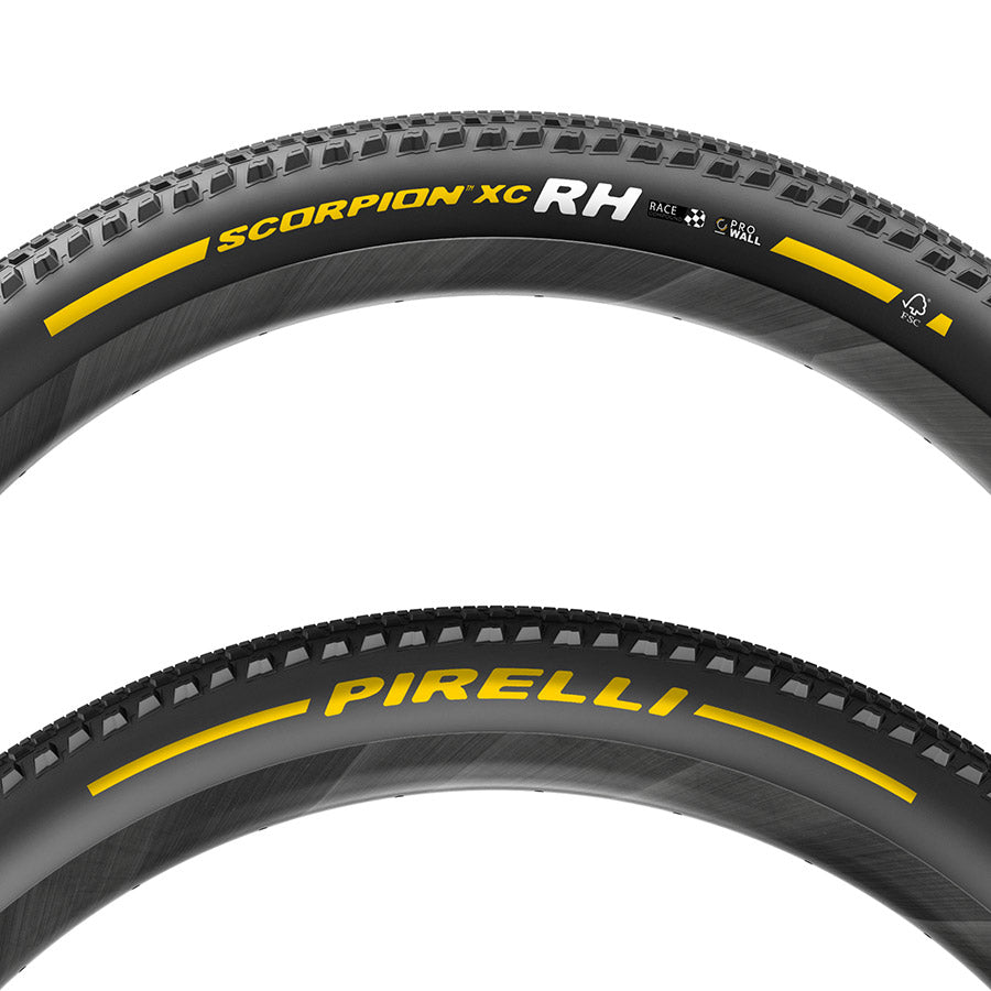 Pirelli Scorpion Race XC RH mountain tire displaying durable black rubber tread with lightweight 120 TPI casing for off-road cycling