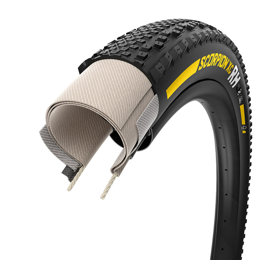 Pirelli Scorpion Race XC RH mountain tires with black rubber and lightweight 120 TPI casing for off-road cycling.