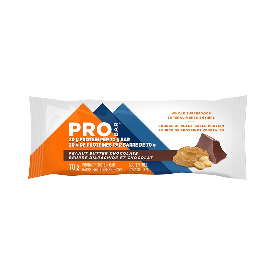 ProBar peanut butter chocolate protein bars, 12-piece pack, showing individually wrapped snack bars with peanut and chocolate flavor.