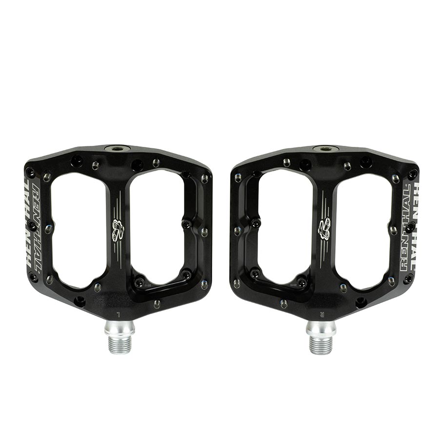 Black Renthal Revo-F platform pedals with durable metal construction and textured grip for mountain biking.