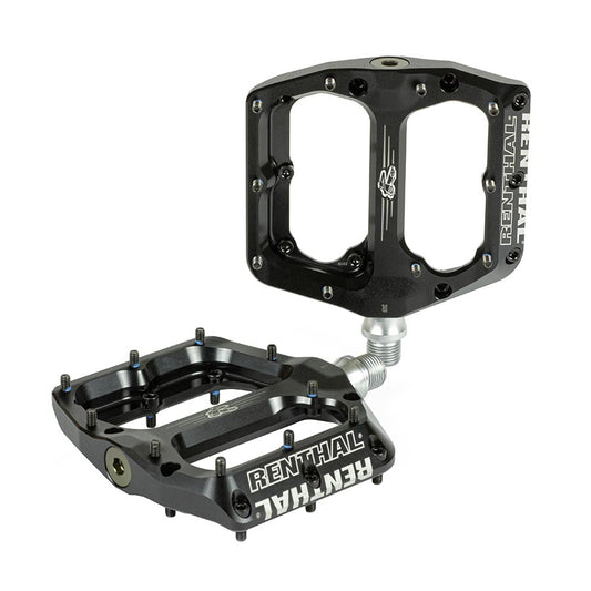 Black Renthal Revo-F platform pedals with durable design and textured grip for mountain biking or BMX riding.