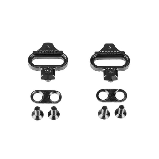 Renthal Revo clipless cleats for cycling shoes, compatible with SPD pedal systems, shown attached to cleats on a bike pedal.