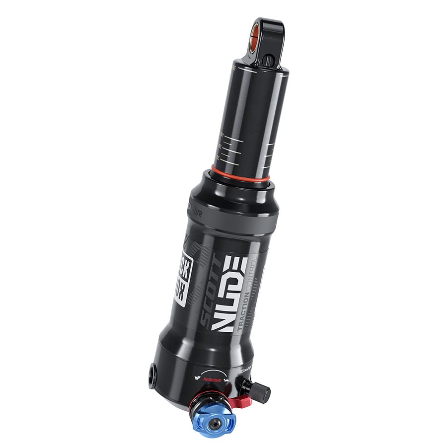 RockShox Deluxe Nude RLC3 rear shocks with eyelet trunnion, 165x40 shaft, lockout, and 430lb force for mountain bikes.