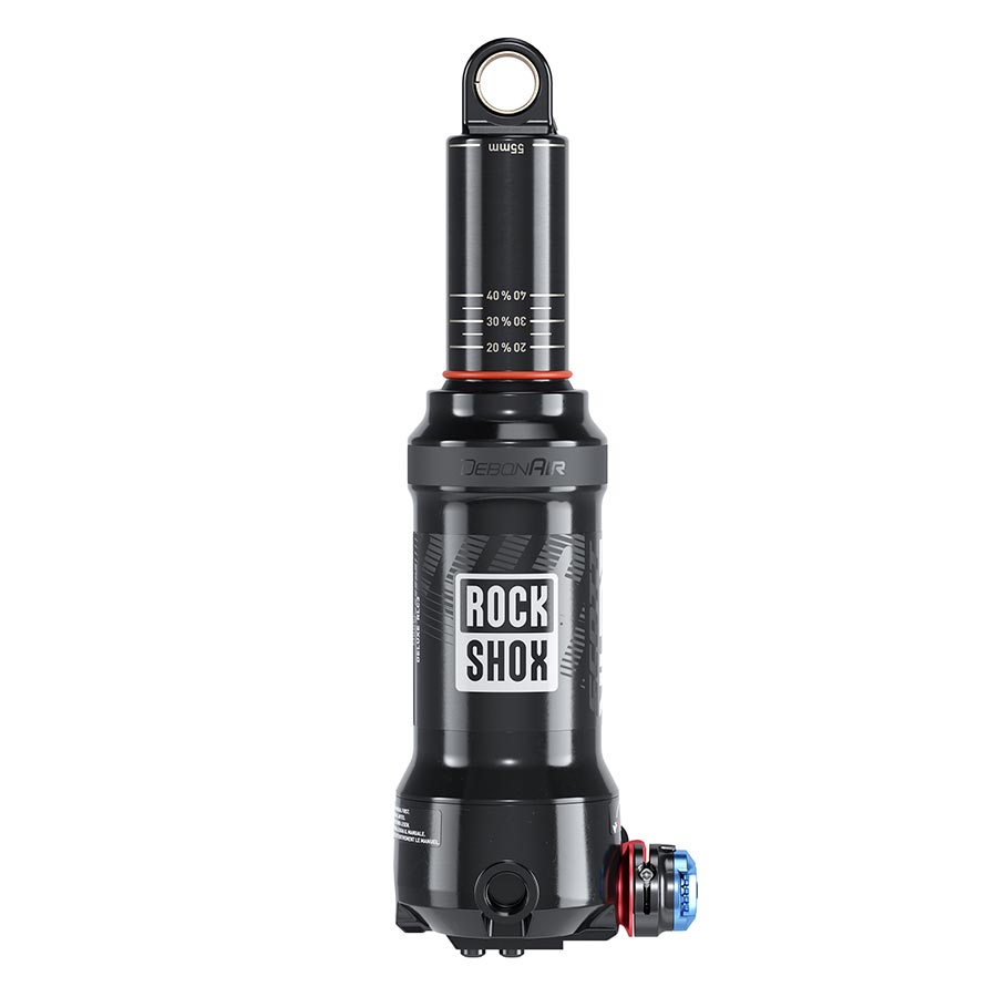 RockShox Deluxe Nude RLC3 rear shocks with 165x40 shaft, eyelet trunnion, lockout, and 430lb force for mountain bikes.