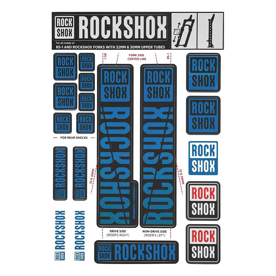 RockShox 30/32mm Decal Kit for fork repair parts, featuring stealth design decals for mountain bike suspension forks.