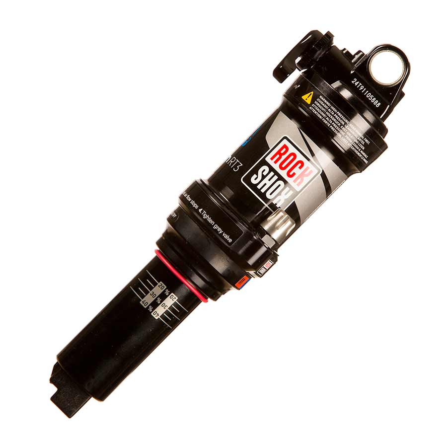 RockShox Monarch RT3 rear shocks with 166x38mm shaft, eyelet mounts, lockout feature, and standard body for mountain bikes.