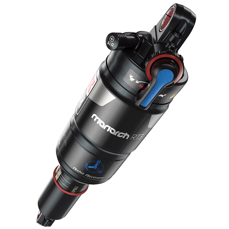 RockShox Monarch RT3 rear shock with 166x38mm shaft, eyelet mount, lockout, and standard body for mountain bike suspension.