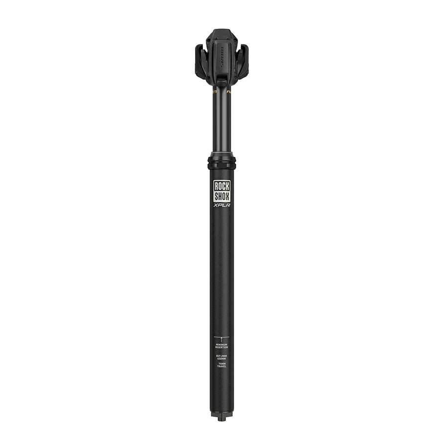 RockShox Reverb AXS XPLR dropper seatpost with 400mm travel, 75mm remote, no remote, shown with sleek design and mounting details.