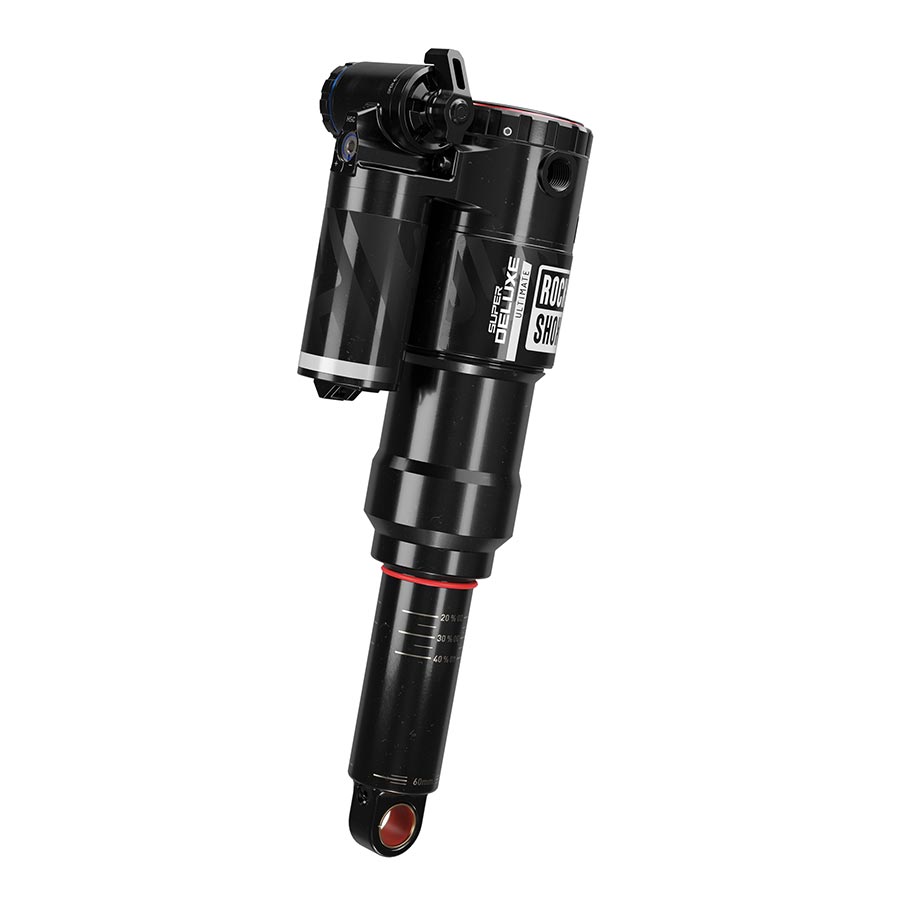 RockShox Super Deluxe Ultimate C2 rear shocks showing eyelet mounting, standard body, and adjustable damping controls.