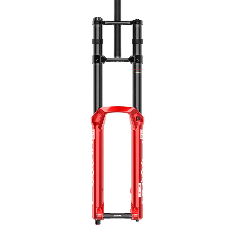 RockShox BoXXer Ultimate D1 suspension forks with 29-inch wheels, red finish, 200mm travel, Boost TA rake, and buttercups.