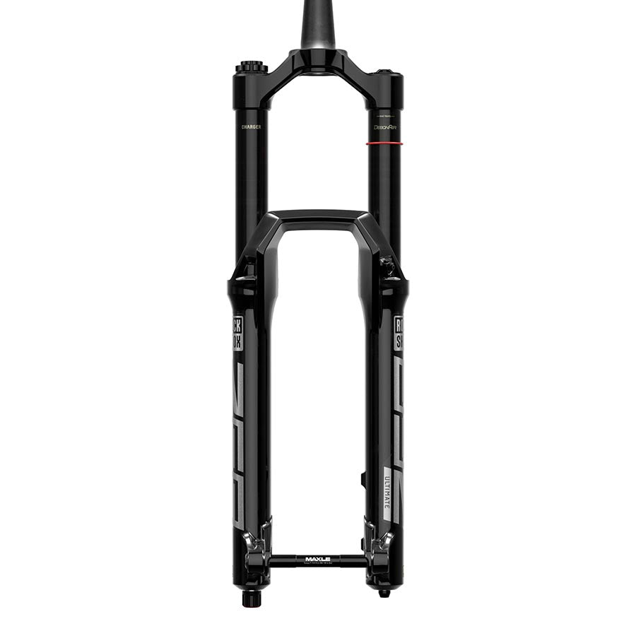 RockShox ZEB Ultimate A3 suspension forks for mountain bikes, black with 27.5-inch wheels and 190mm travel, shown from side view.