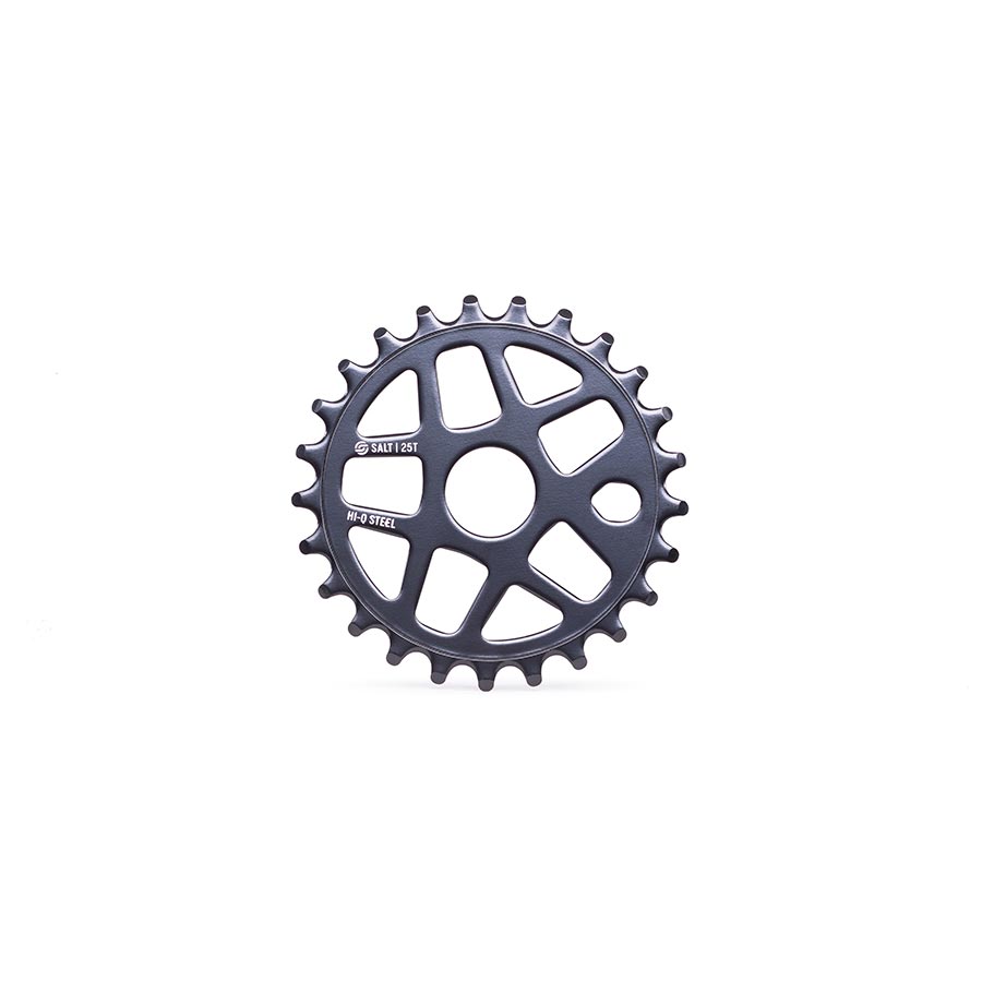 Salt Gateway BMX chainrings made of black steel, shown installed on a BMX bike crankset, highlighting durable cycling components.