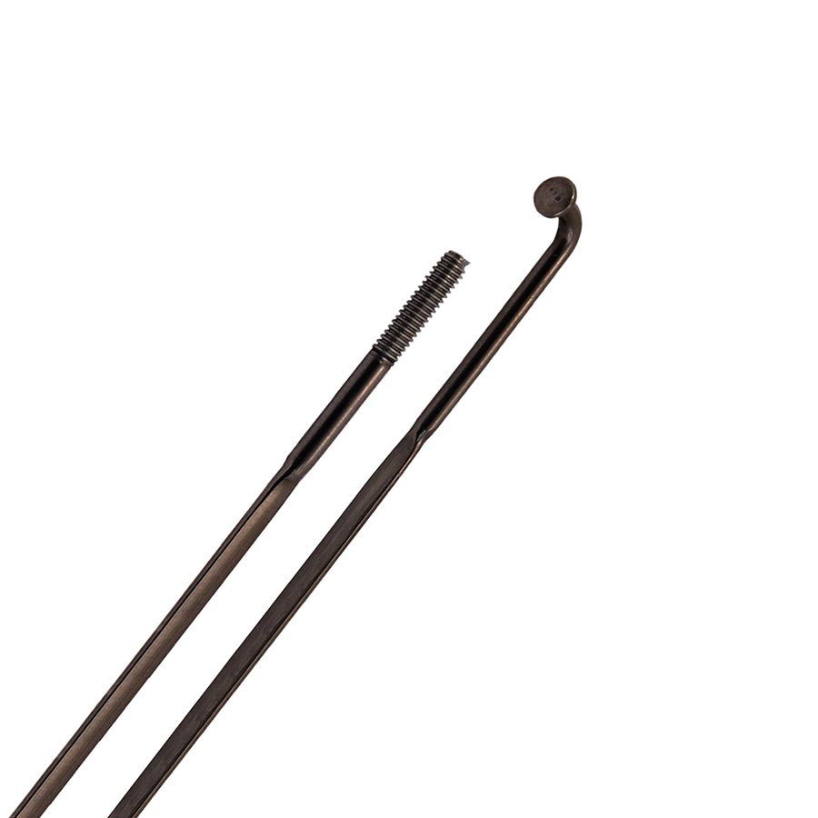 Black Sapim CX-Ray J-bend spokes stacked in a box, designed for bicycle wheel building, showcasing the sleek, aerodynamic shape.