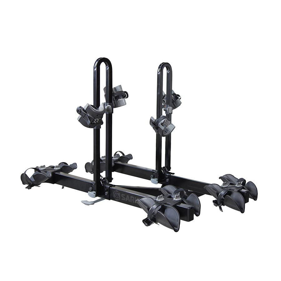 Saris Freedom hitch rack holding two bikes, compatible with 1.4 and 2-inch hitches, max 60 lbs per bike, mounted on vehicle.