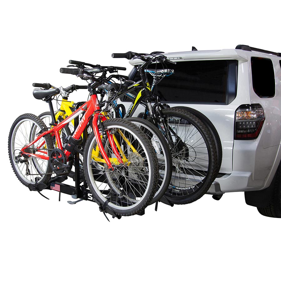 Saris Freedom hitch rack holding two bikes, compatible with 1.4 and 2-inch hitches, maximum 60 lb per bike, bike carrier for vehicles