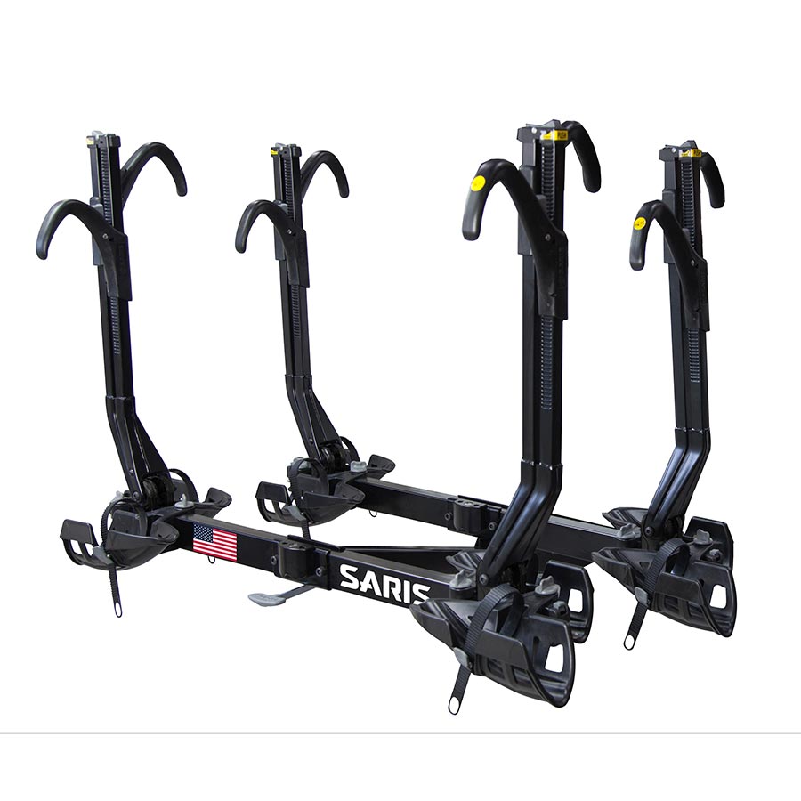 Saris Superclamp G3 hitch bike rack holding two bikes, with a maximum weight of 60 lbs per bike, mounted on a vehicle.