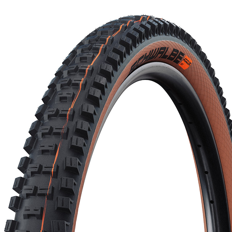 Schwalbe Big Betty mountain tire for 29-inch bikes, tubeless-ready with Addix Ultrasoft rubber and aggressive tread for downhill riding.
