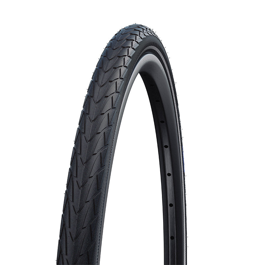 Schwalbe Marathon Racer hybrid tire for bikes, 20 x 1.50, black with green tread, wire clincher, Addix RaceGuard, reflex sidewalls