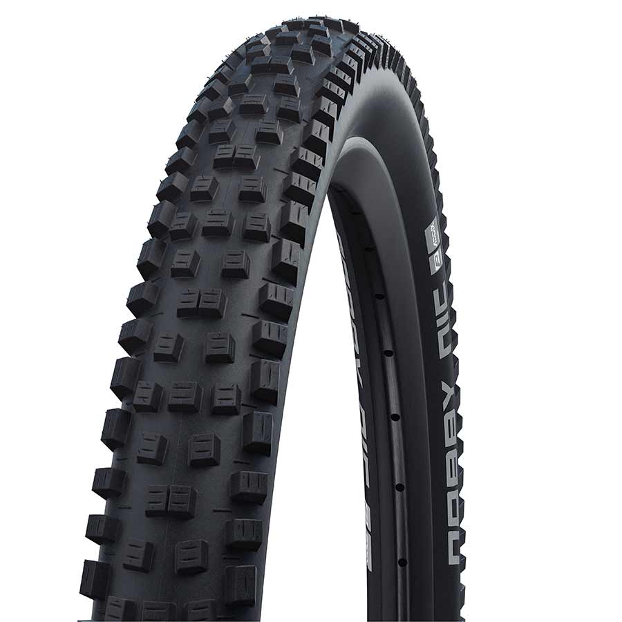 Schwalbe Nobby Nic mountain tire for 27.5-inch bikes, tubeless-ready with Addix Speedgrip compound and durable black rubber tread.