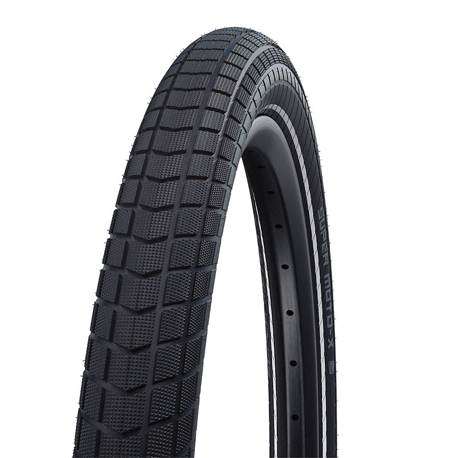 Schwalbe Super Moto-X hybrid tires for 27.5-inch wheels with dual GreenGuard protection and snakeskin sidewall design.